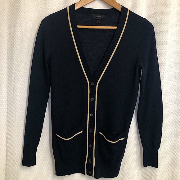 J. Crew navy merino cardigan with tan detail - Picture 1 of 3